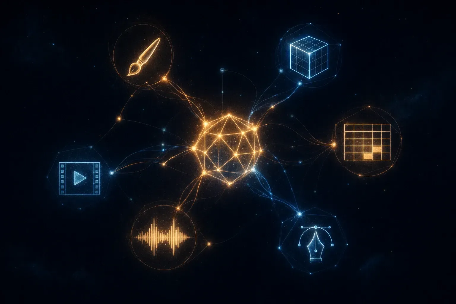 Dark navy illustration of glowing nodes shaped like creative tool icons connected by amber and cyan light streams in spac