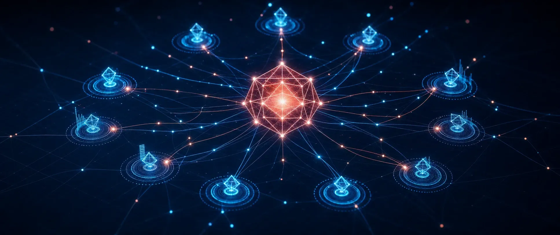 Abstract illustration showing a central glowing node connected by luminous threads to multiple smaller nodes against a dark navy background, representing a network of autonomous AI agents.